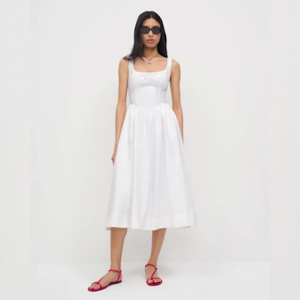 NWOT Reformation Balia Linen Dress in White Sleeveless Midi Back Smocking